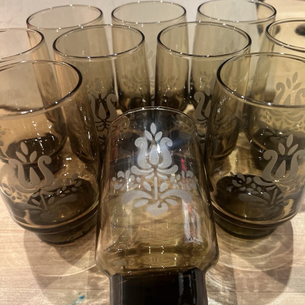 12 Pfaltzgraff Village 4.75" Etched Brown Smoke Libbey Glass 12 oz Tumblers NOS!